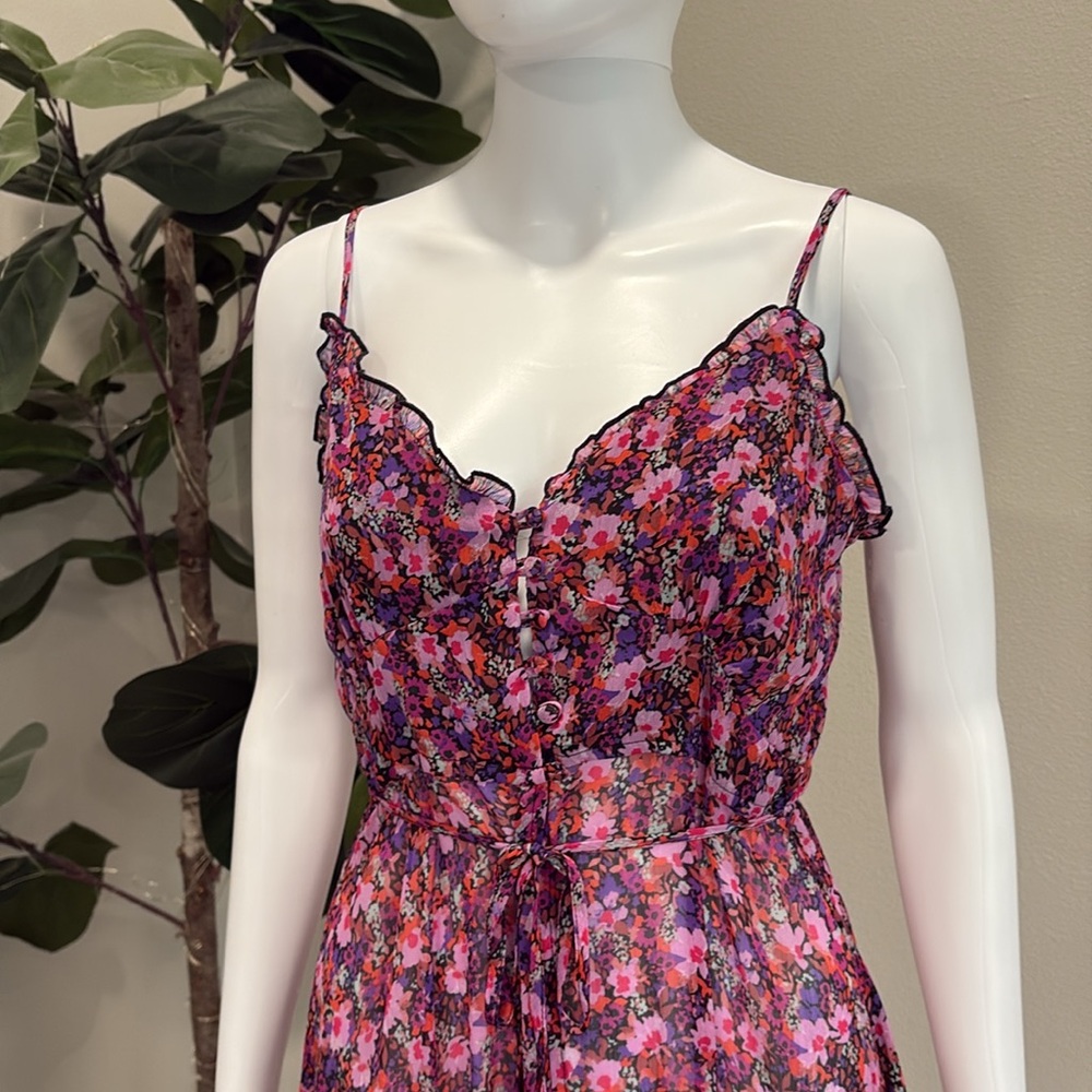 Lulus Sheer Floral Slipdress Size Small Button Front Tiered Ruffle Maxi Dress - Picture 3 of 15